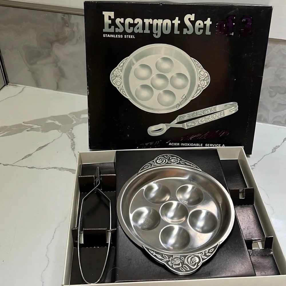 Vintage Escargot Serving Set Stainless Steel Plate & Tongs - Vintage in Box